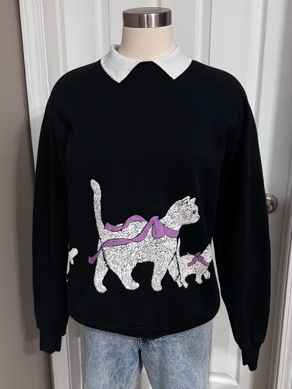 Vintage Cat Sweatshirt Collared Novelty 90s Jerzees Made in USA Large